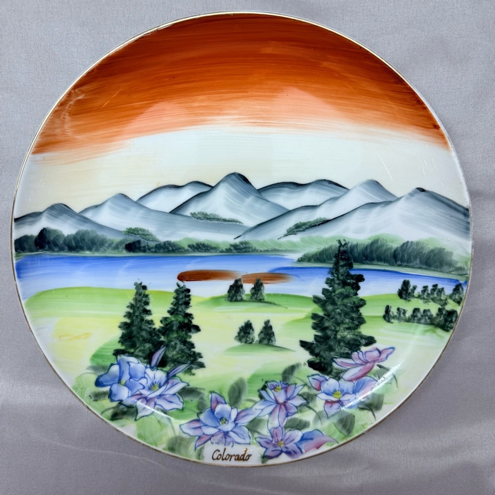 1950s Vtg Colorado Souvenir Plate HandPainted Mountain Landscape Columbine Japan